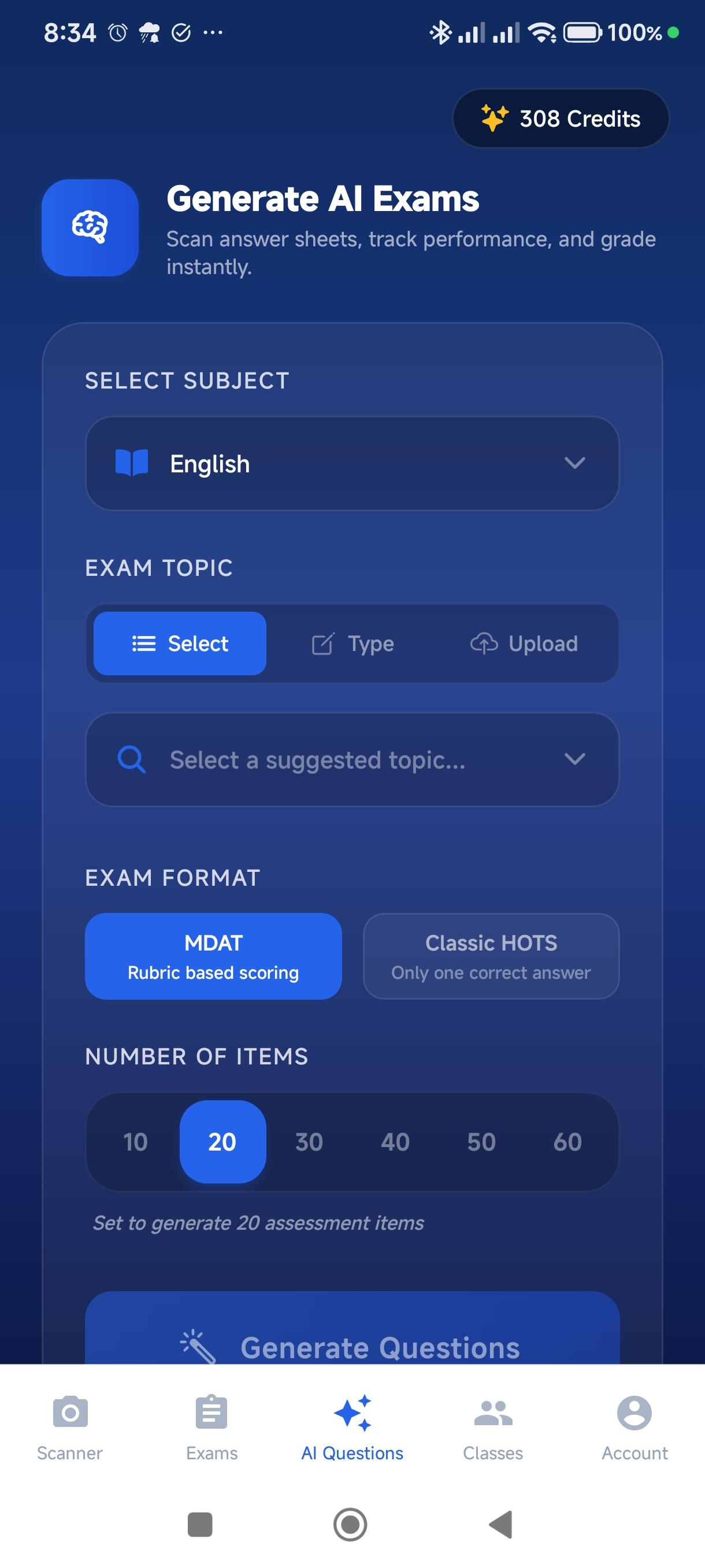 AI Exam Generator Main Page